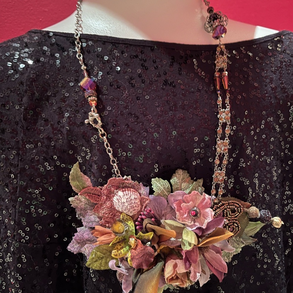 Floral Statement Necklace with Black Sequin Top